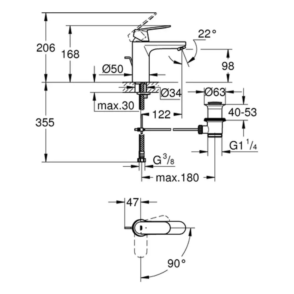 Grohe Wasserhahn mit mittelhoher Ausladung, dargestellt in einer technischen Zeichnung. Maße und Anschlussdetails sind schematisch dargestellt.