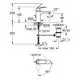 Grohe Wasserhahn mit mittelhoher Ausladung, dargestellt in einer technischen Zeichnung. Maße und Anschlussdetails sind schematisch dargestellt.