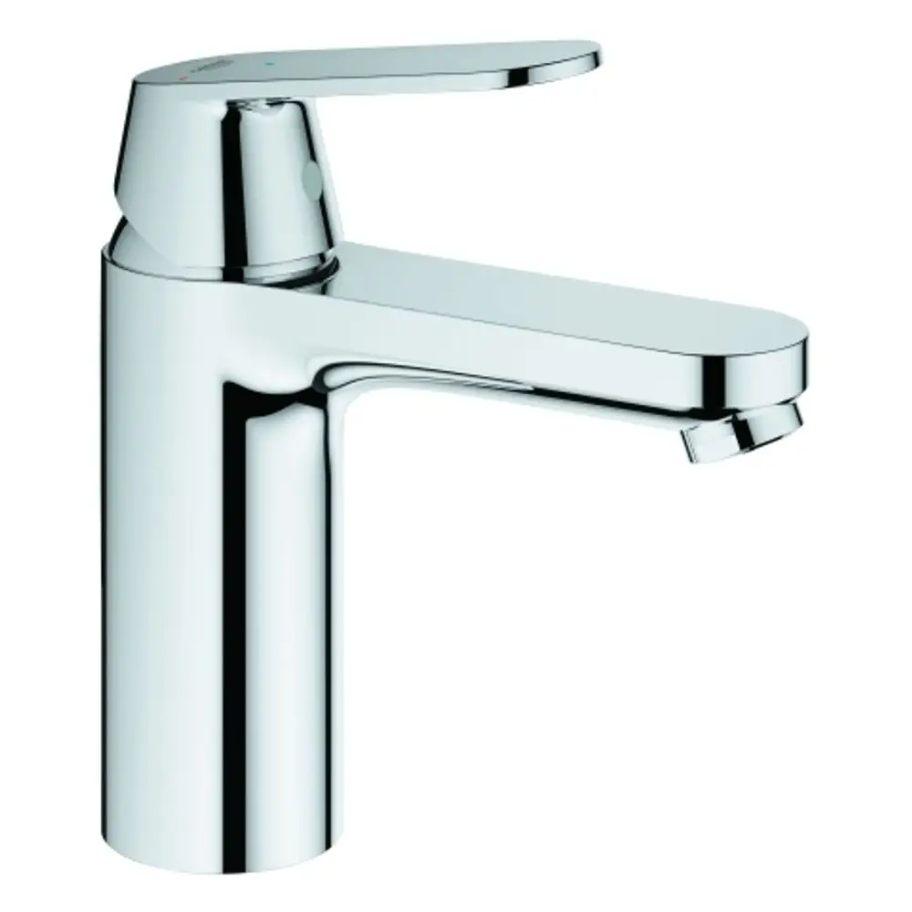 Einchromatierter Wasserhahn von Grohe mit einem geraden Auslauf und einem hebelartigen Bedienungselement für die Temperaturregelung.