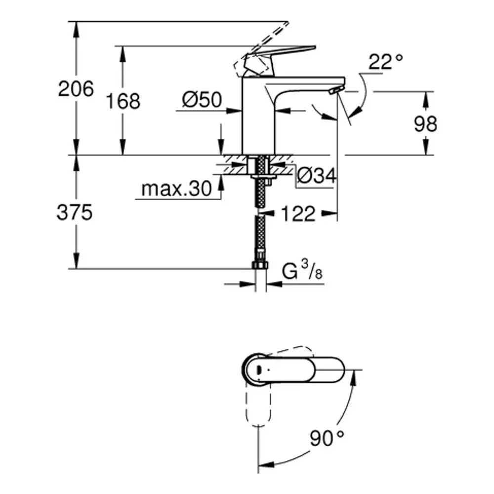 Grohe-Waschtischbatterie, grafische Darstellung mit Höhen-, Durchmesser- und Gewindemaßen. Seitenansicht mit einem maximalen Drehwinkel von 90 Grad für den Hebel.