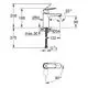 Grohe-Waschtischbatterie, grafische Darstellung mit Höhen-, Durchmesser- und Gewindemaßen. Seitenansicht mit einem maximalen Drehwinkel von 90 Grad für den Hebel.