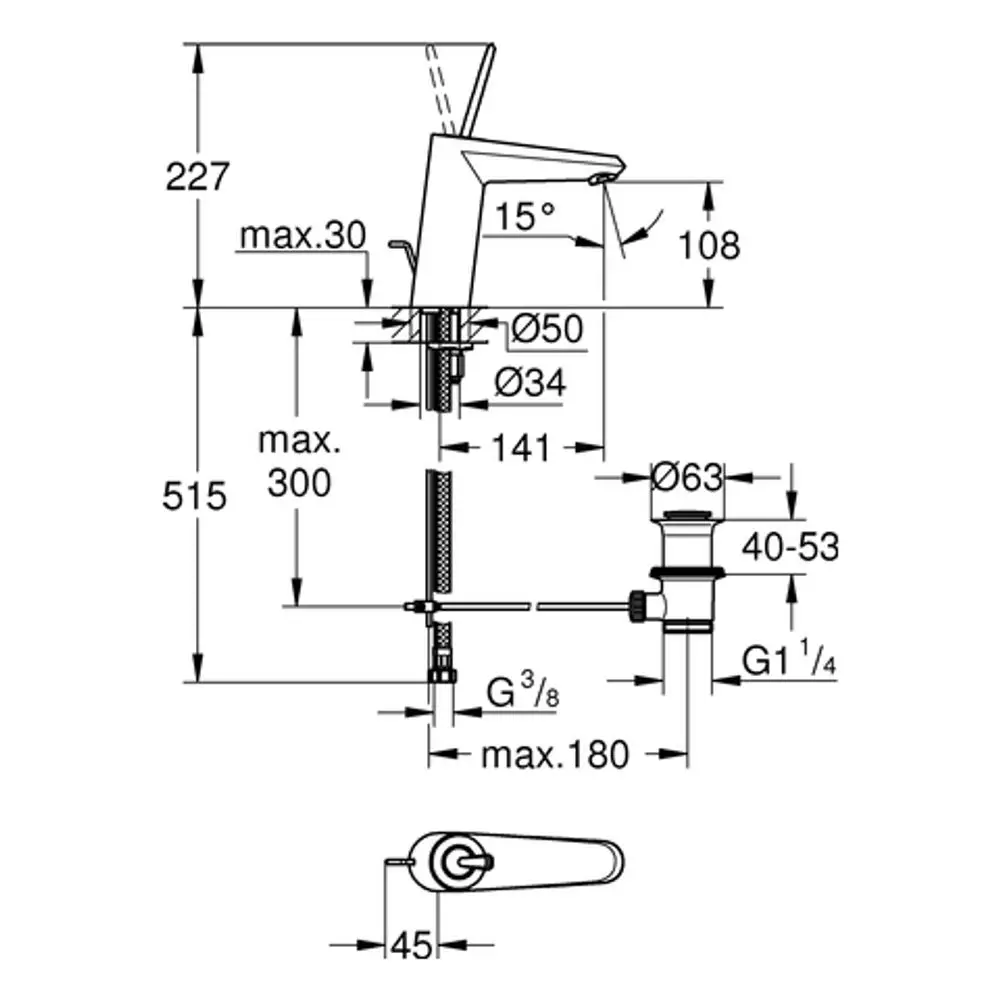 Wassermischbatterie mit einem Joystick-Bedienelement von Grohe. Technische Zeichnung mit Maßangaben und Schnittansichten.