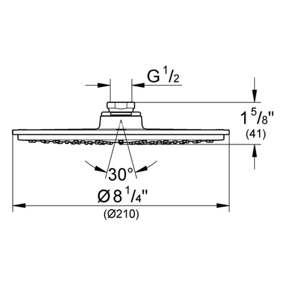 Grohe Kopfbrause mit flacher, runder Duschfläche. Es sind Abmessungen und Montagewinkel angegeben, sowie der Anschluss G 1/2.