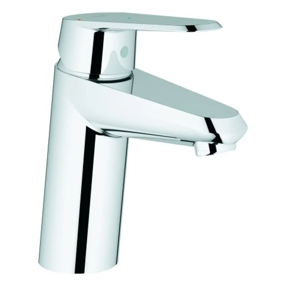 Einhand-Waschtischarmatur mit chromfarbener Oberfläche von Grohe, einfacher Hebel zum Regulieren von Wasserfluss und Temperatur, klarer, glatter Körper.