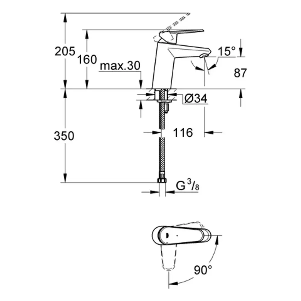 Einhand-Waschtischarmatur von Grohe mit schmalem Körper und Hebel. Diagramm zeigt Maße und Ausrichtung, einschließlich Bewegungswinkel für die Wasserauslassöffnung.