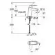 Einhand-Waschtischarmatur von Grohe mit schmalem Körper und Hebel. Diagramm zeigt Maße und Ausrichtung, einschließlich Bewegungswinkel für die Wasserauslassöffnung.