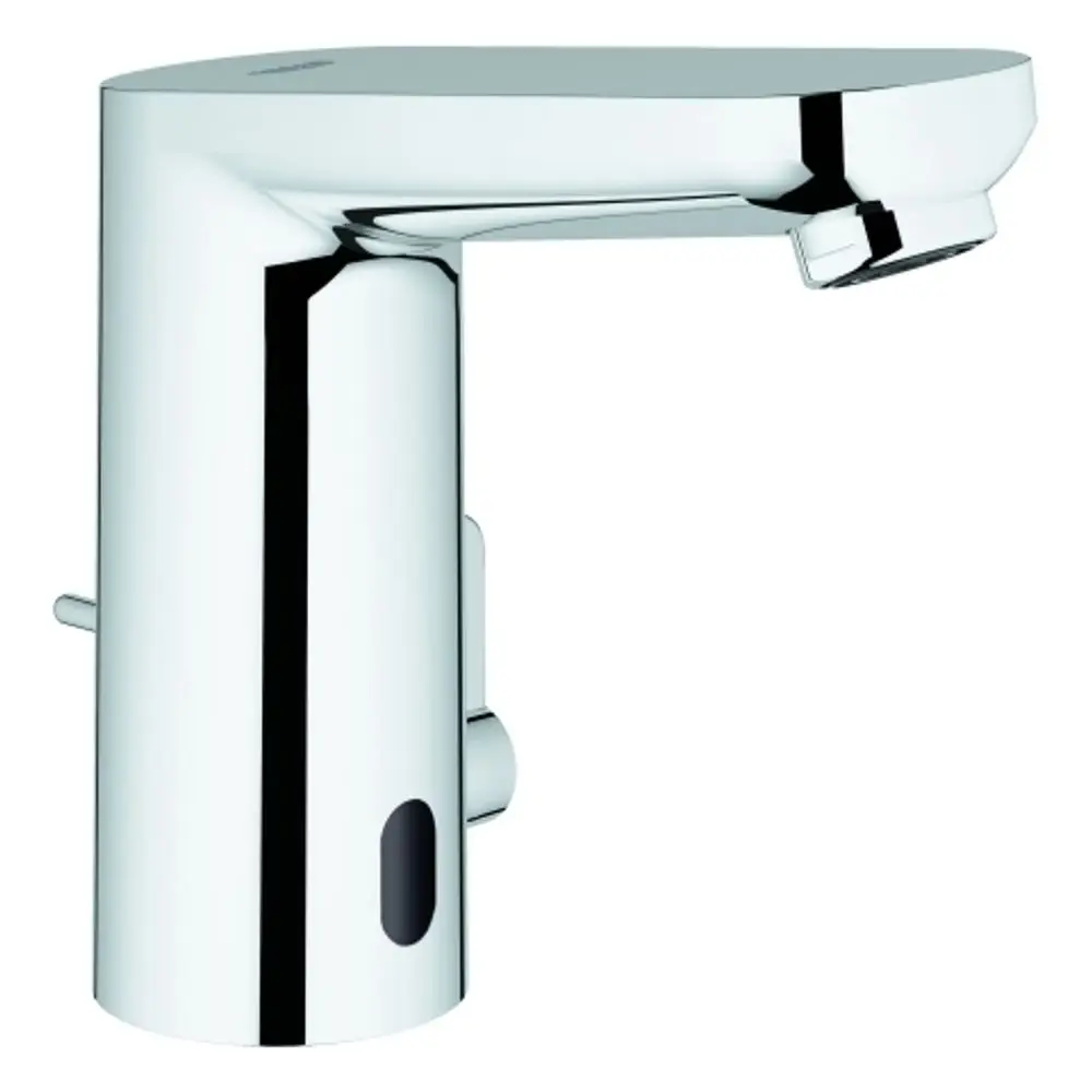 Chromfarbener Wasserhahn mit Sensorsteuerung von Grohe, geeignet für berührungslosen Betrieb, mit seitlichem Hebel zur Mischwasserregelung.