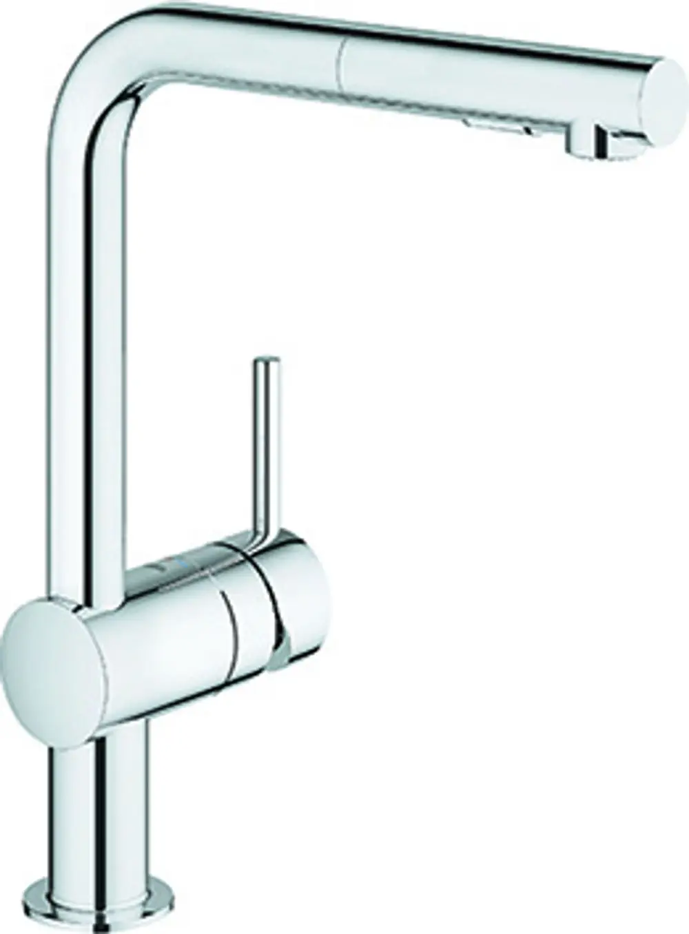 Grohe Spültischbatterie mit L-Auslauf und ausziehbarer Spülbrause in chrom. Der Wasserhahn hat einen mittigen Hebel zur Temperatur- und Durchflussregelung.