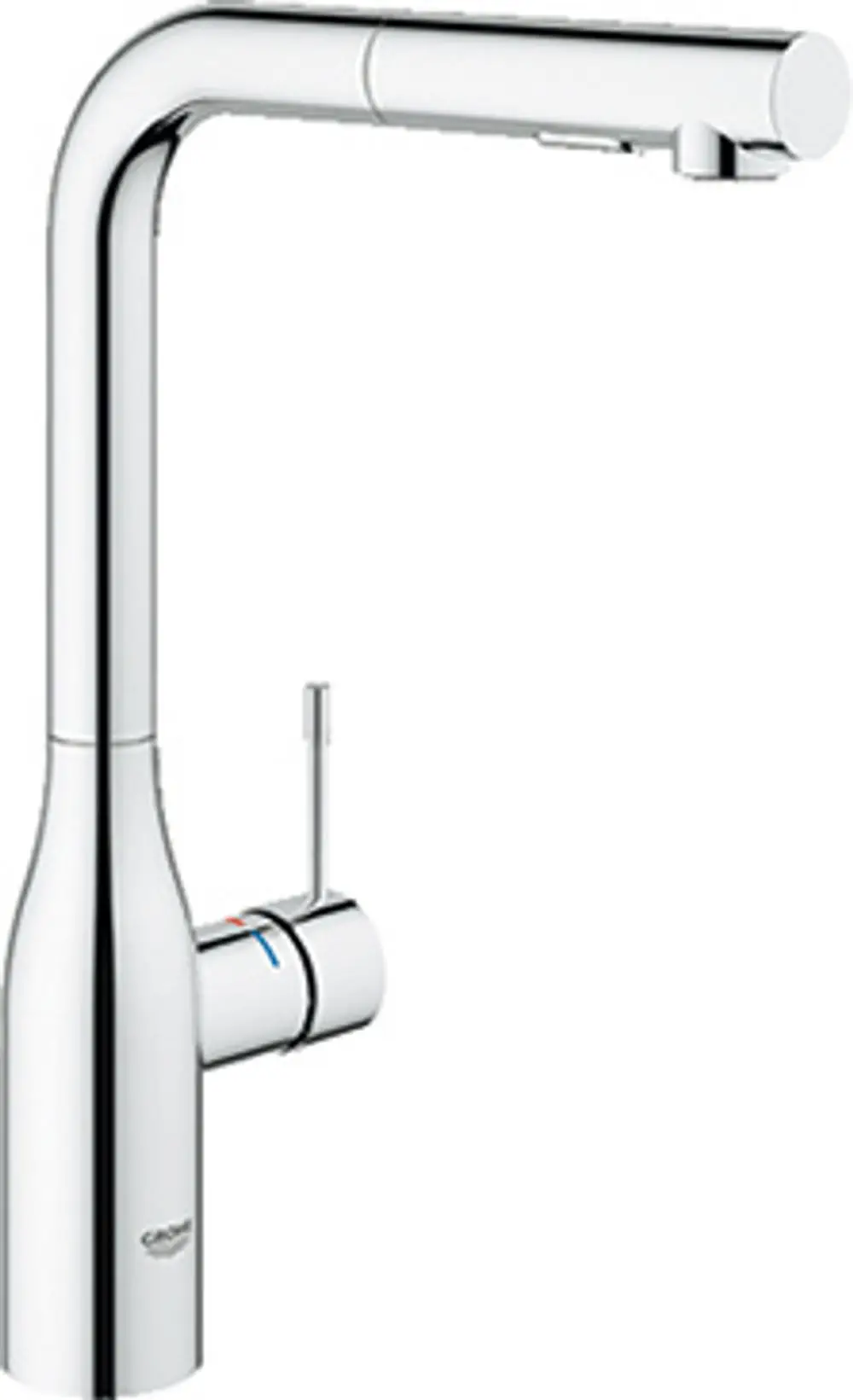 Grohe Küchenarmatur mit herausziehbarer Spülbrause, verchromte Oberfläche und seitlichem Griff zur Regulierung von Wasserfluss und Temperatur.