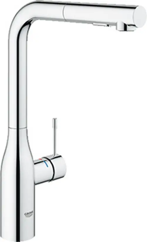 Grohe Küchenarmatur mit herausziehbarer Spülbrause, verchromte Oberfläche und seitlichem Griff zur Regulierung von Wasserfluss und Temperatur.