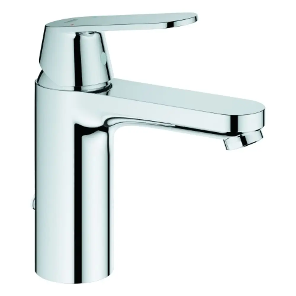 Körper einer chromfarbenen Grohe-Waschtischbatterie mit mittelhoher Ausladung und einem Hebel zur Temperatur- und Mengenregulierung. Klare, moderne Linienführung.