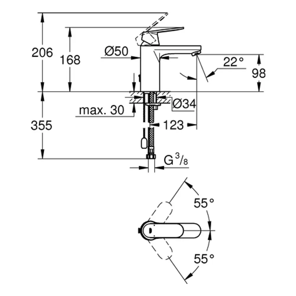 Grohe-Waschtischbatterie mit mittelhohem Auslauf und versenkbarer Kette, inklusive technischen Zeichnungen und Maßangaben zur Installation.