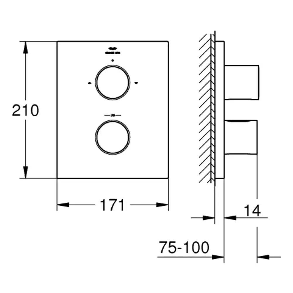 Produktzeichnung GROHE Grohtherm F 27618, Thermostat mit 2-Wege Umstellung, Chrom, Maße: 210x171x75-100 mm.