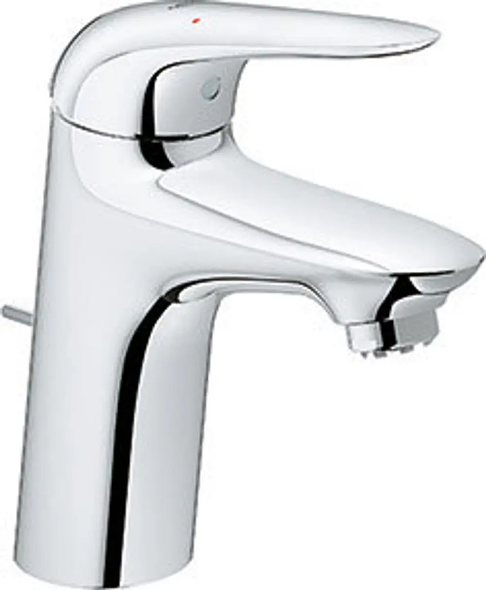 Chromfarbener Wasserhahn von Grohe mit Hebelsteuerung, schmaler Auslauf und ergonomischem Design, geeignet für moderne Badezimmer- und Küchenanwendungen.