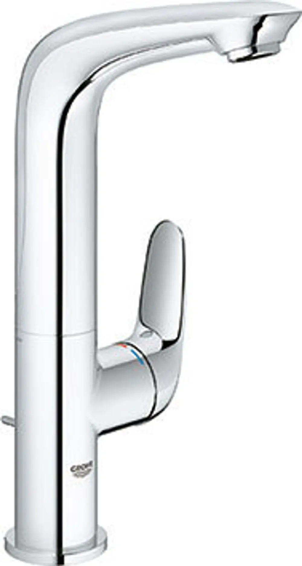 Chromierter Wasserhahn mit einem Hebel zur Temperaturregelung, entworfen von Grohe, für die Verwendung in Küchen oder Badezimmern. Ergonomisches Design mit klaren Linien.