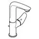 Chromfarbener Waschbeckenarmatur mit einem schwenkbaren Hebel. Vorne befindet sich eine Auslauföffnung. Produktdesign von Grohe, schlicht und funktional gestaltet.