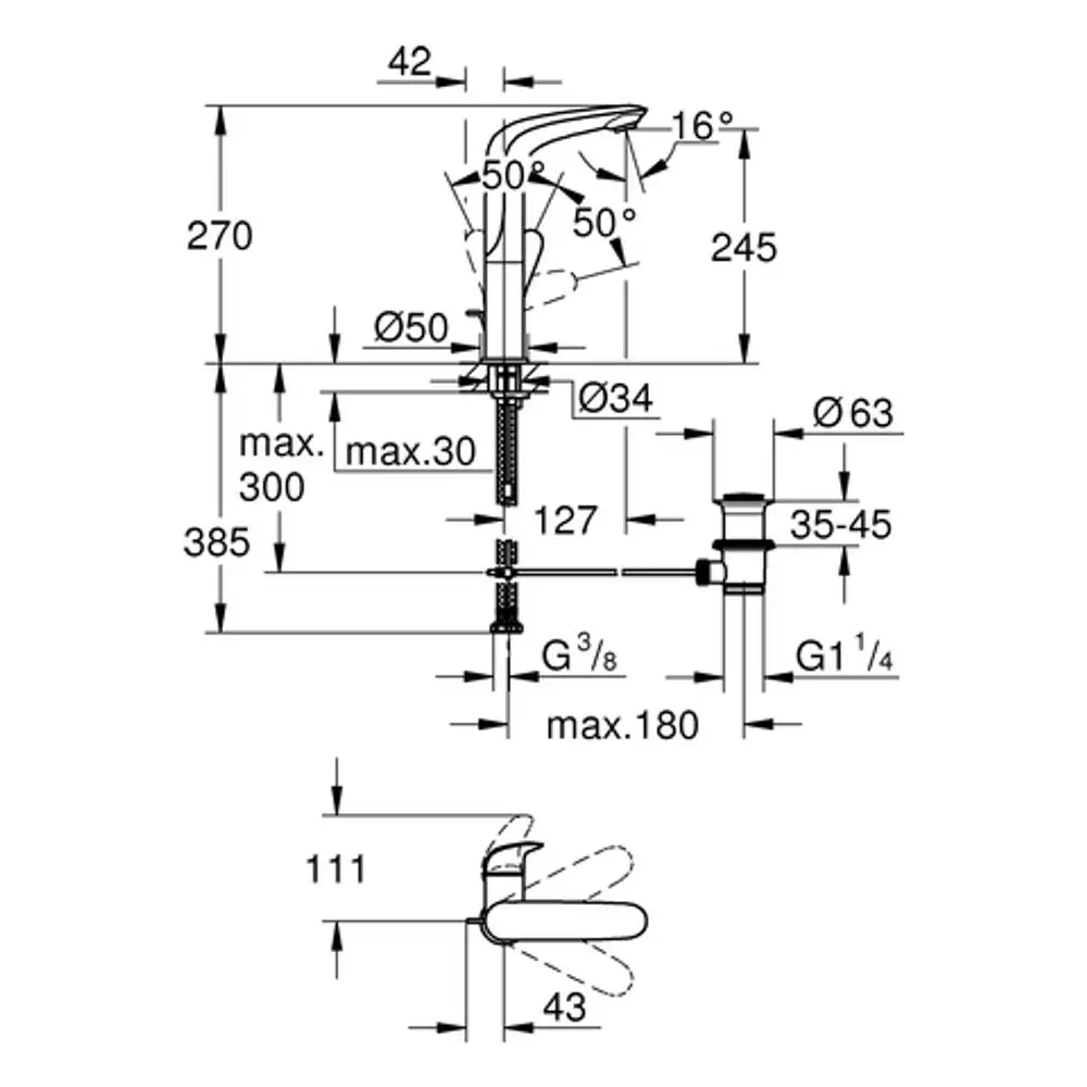 Ein Grohe-Wasserhahn mit Hebelsteuerung und einem modernen Design. Die technischen Maße und Details sind im technischen Zeichnungsstil dargestellt.