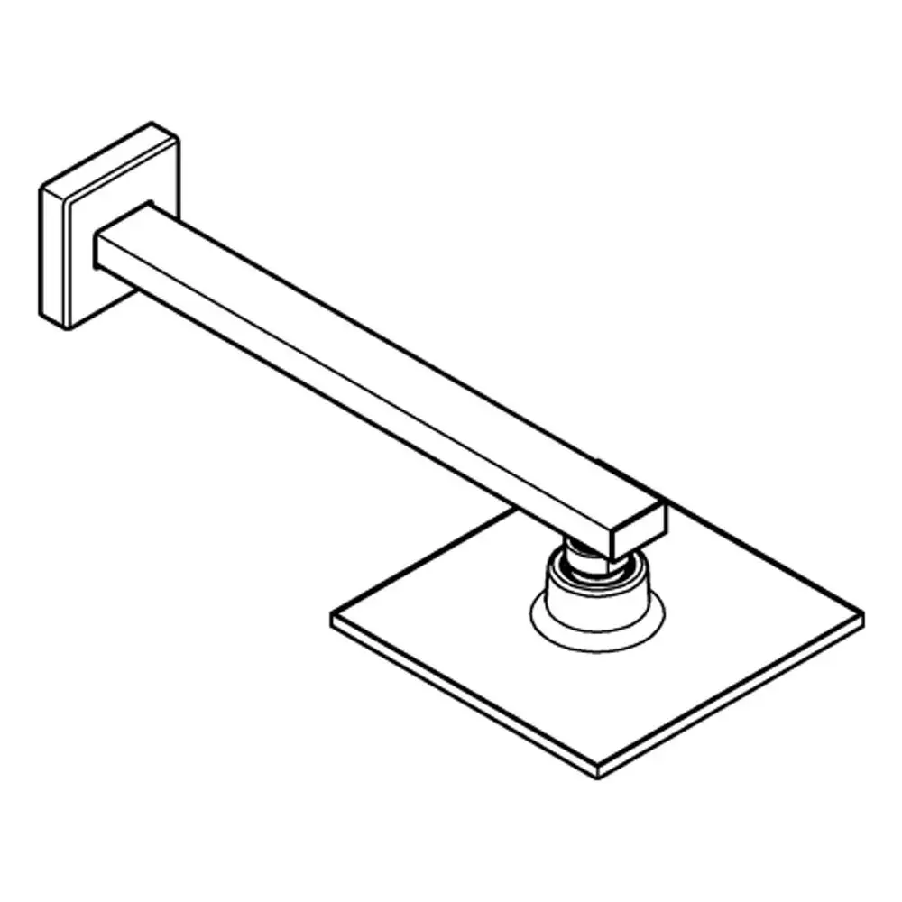 Wandmontiertes Grohe Brausearm-Set, rechteckiges Design, mit Anschlussstück und quadratischer Wandplatte, für Badezimmerbrause installiert.