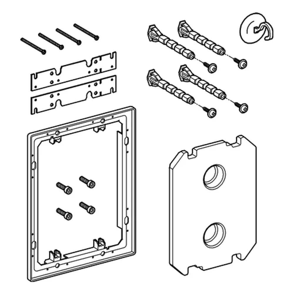 Montageset von Grohe mit Schrauben und Halterungen für den wandbündigen Einbau eines Glasmoduls. Bestandteile sind Rahmen, Schrauben und Montagetools.
