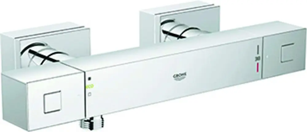 GROHE Brausebatterie in chrom, mit flacher, rechteckiger Form und zwei Bedienhebeln zur Steuerung von Warm- und Kaltwasser. Montage möglich an einer Wand.