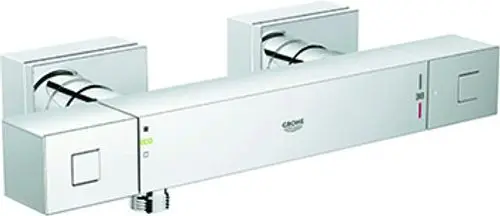 GROHE Brausebatterie in chrom, mit flacher, rechteckiger Form und zwei Bedienhebeln zur Steuerung von Warm- und Kaltwasser. Montage möglich an einer Wand.