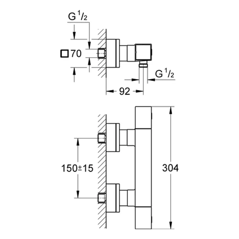 Grohe Brausebatterie mit zwei Anschlüssen, Montageanleitung und Maßzeichnungen für die Installation an der Wand, in technischer Darstellung.