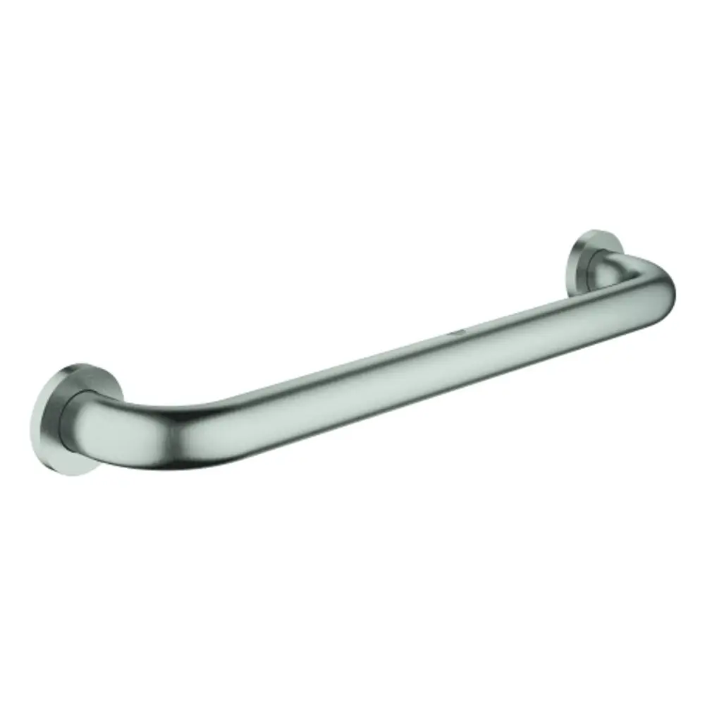 GROHE Metallgriff in der Farbe Supersteel, der als Haltegriff für Wannen oder ähnliche Anwendungen eingesetzt werden kann. Das Design ist schlicht und funktional.