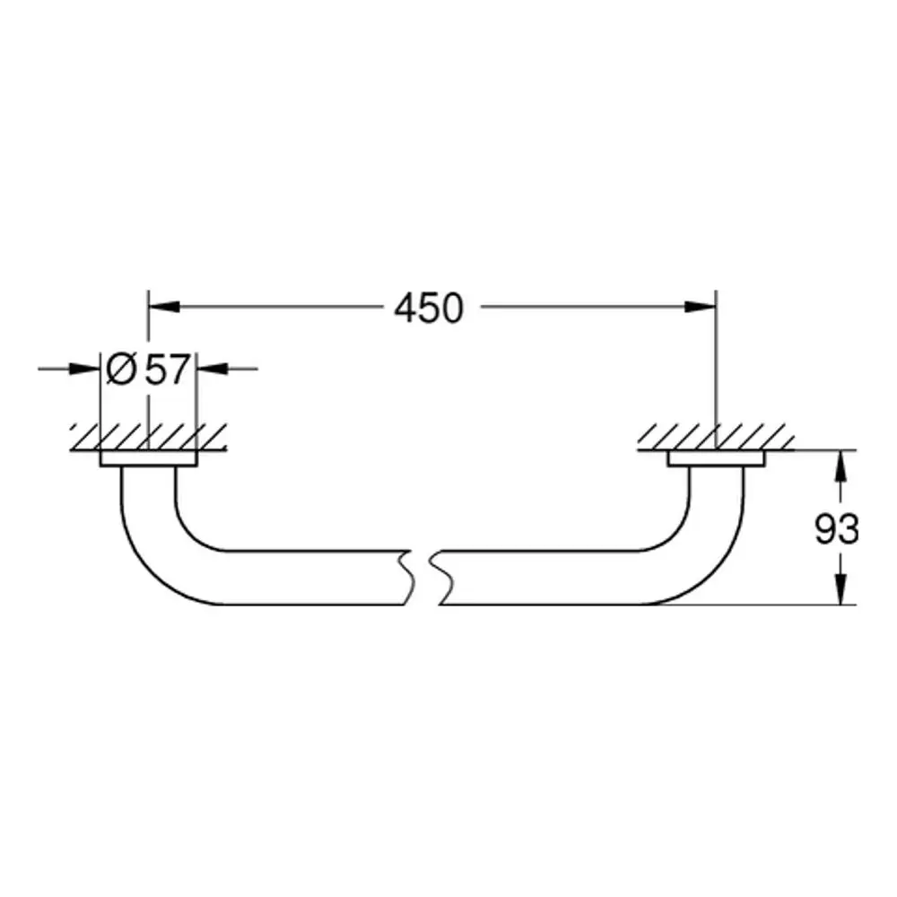 Zeichnung eines Wandgriffs aus Metall mit einem Durchmesser von 57 mm und einer Länge von 450 mm, typischerweise für Grohe-Produkte verwendet.