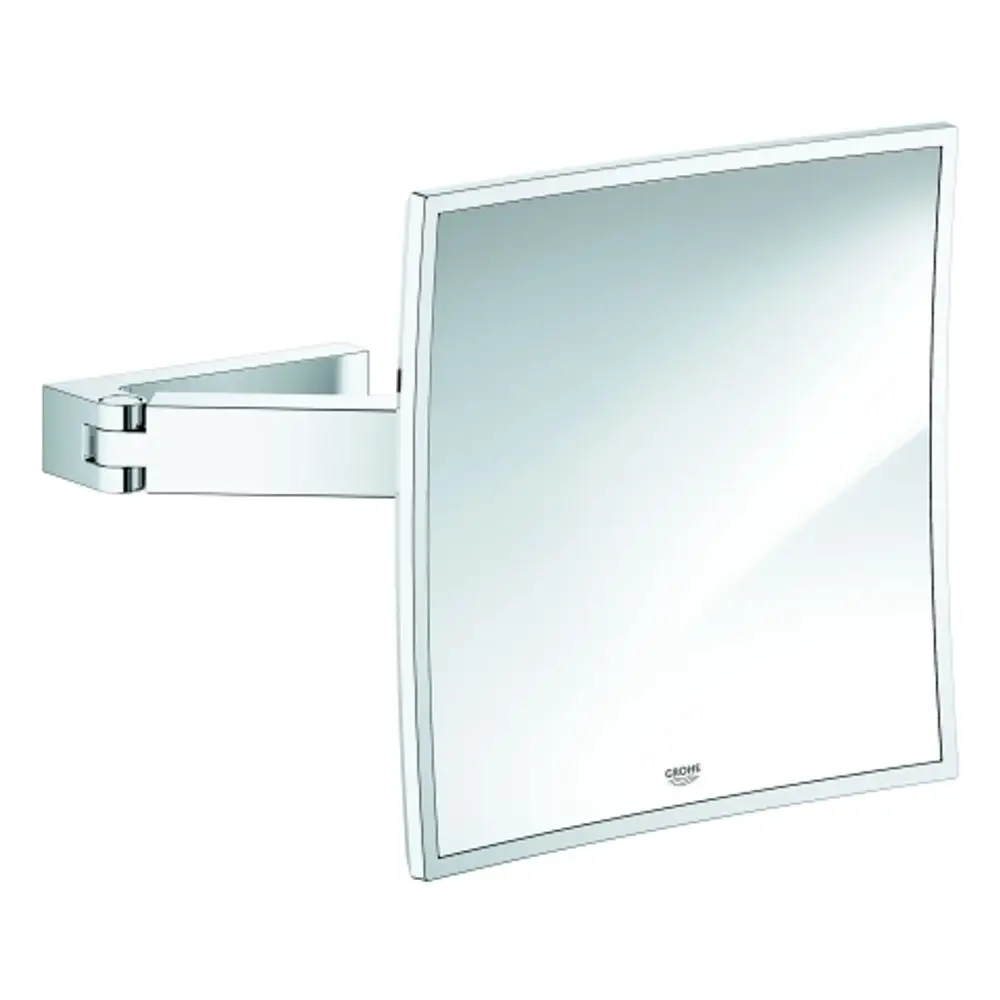Spiegel mit quadratischer Oberfläche, wandmontiert, mit einem verchromten Halter. Grohe-Design zur Anwendung im Badezimmer oder Kosmetikbereich.