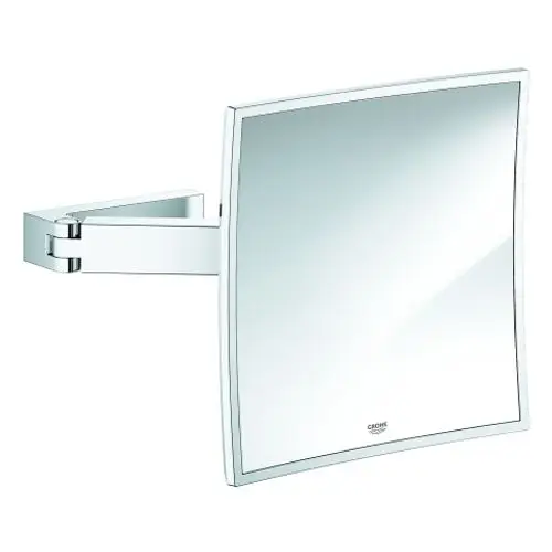 Spiegel mit quadratischer Oberfläche, wandmontiert, mit einem verchromten Halter. Grohe-Design zur Anwendung im Badezimmer oder Kosmetikbereich.