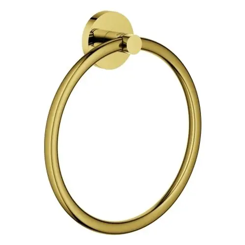 Goldfarbener Handtuchring an einer Wandhalterung, hergestellt von Grohe. Er verfügt über eine runde Form und eine einfache Montagevorrichtung.