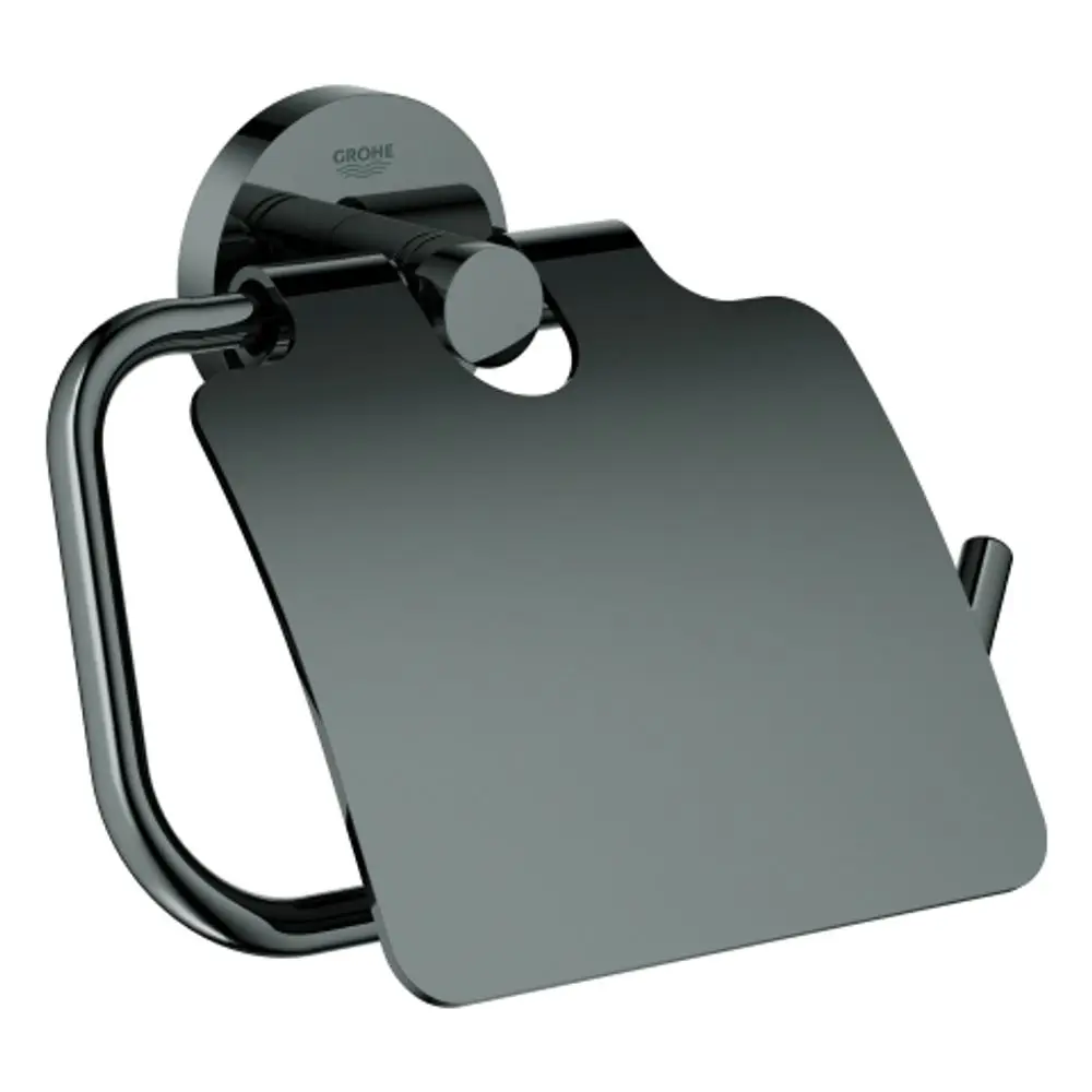 Ein GROHE WC-Papierhalter in Schwarz mit Deckel, der an der Wand montiert ist. Das Design umfasst eine runde Halterung und eine flache Ablagefläche für Toilettenpapier.
