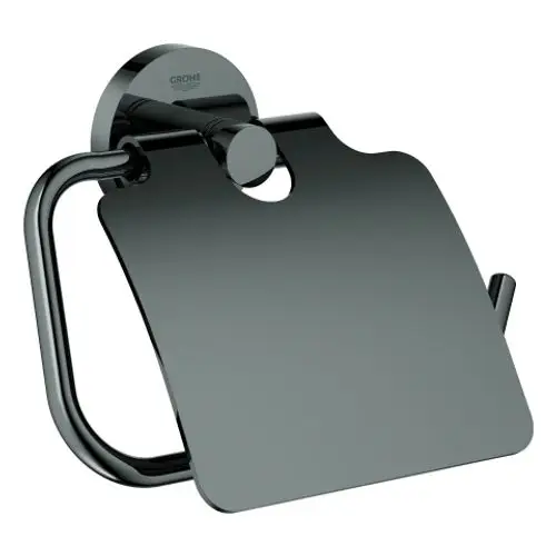 Ein GROHE WC-Papierhalter in Schwarz mit Deckel, der an der Wand montiert ist. Das Design umfasst eine runde Halterung und eine flache Ablagefläche für Toilettenpapier.
