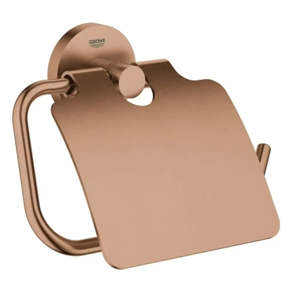 Wandmontierter WC-Papierhalter von Grohe in gebürstetem Kupfer-Finish, mit abnehmbarem Deckel und klaren Linien, für eine praktische und moderne Badezimmerlösung.