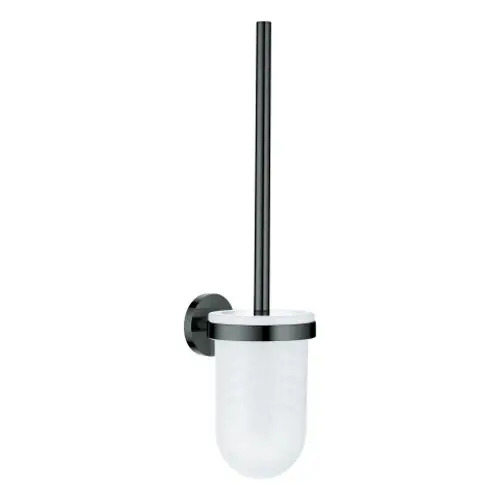 Wandmontierte Toilettenbürstengarnitur von Grohe mit schwarzem Halter und einem transparenten, ovalen Behälter. Bürste mit langem Griff.
