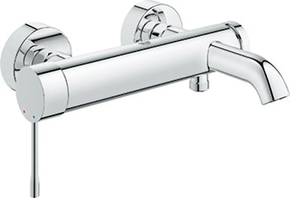 Wannenbatterie von Grohe in verchromtem Design, wandmontiert mit einem Auslauf und einem seitlichen Hebel zur Steuerung von Wasser und Temperatur.