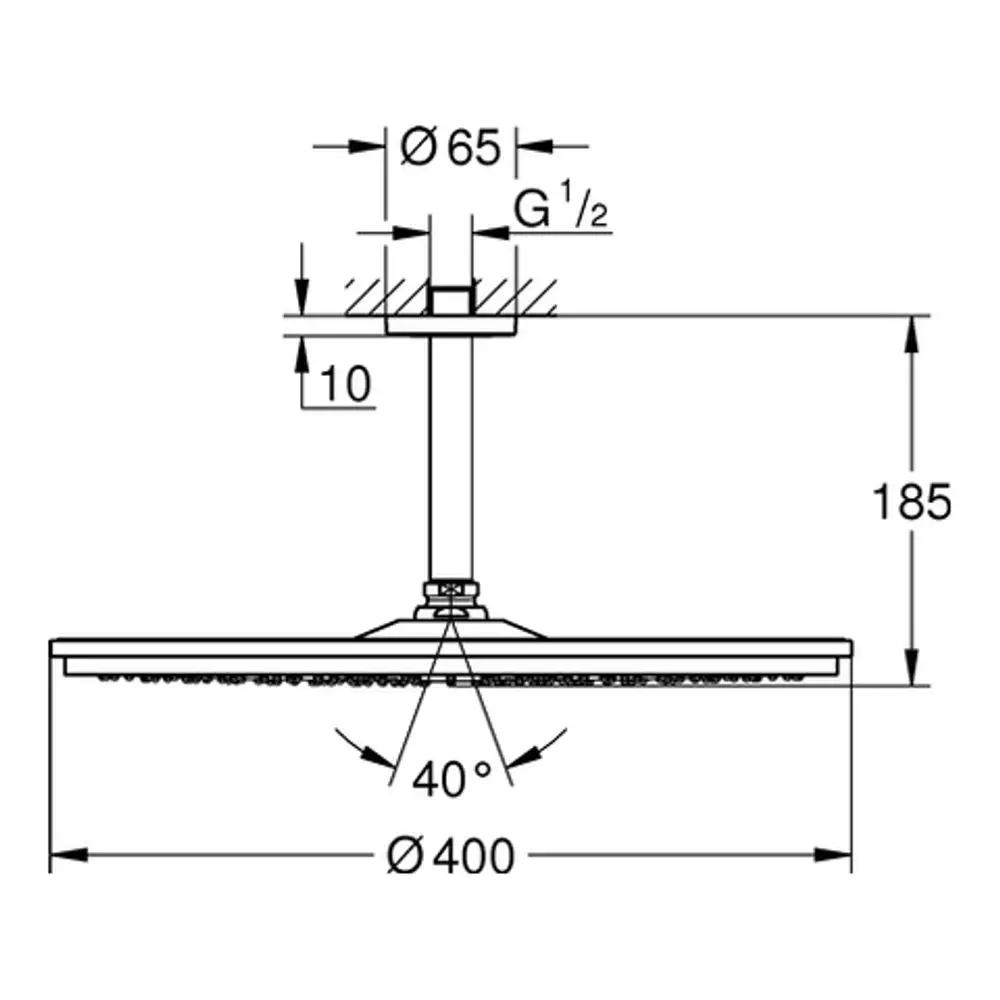 Deckenauslass mit runder Kopfbrause von Grohe, 400 mm Durchmesser, mit Montagehöhe von 185 mm und Befestigungsdetails. Technische Zeichnung mit Maßen.