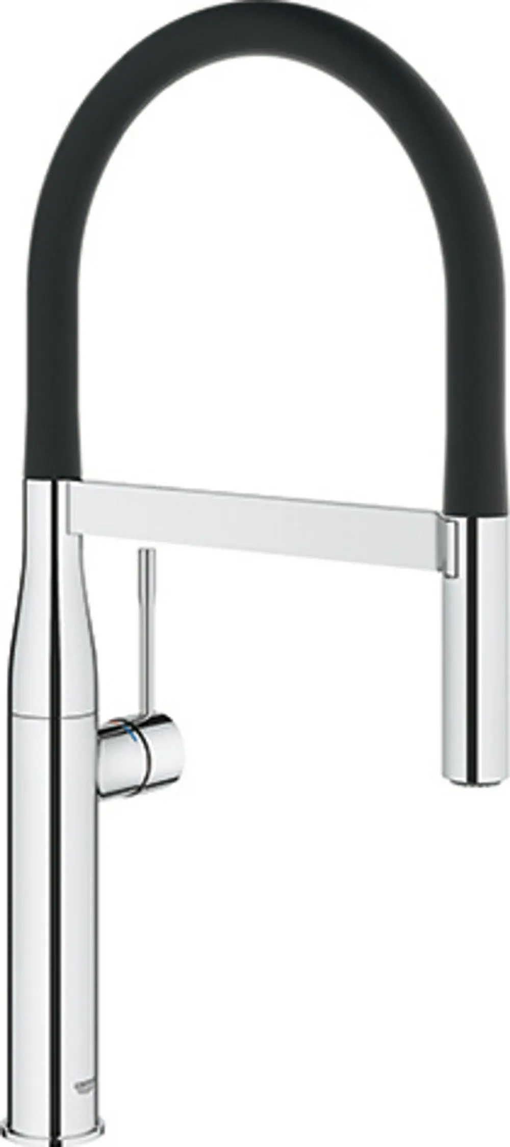 GROHE Küchenarmatur mit ausziehbarem Schlauch und runder Sprühdüse. Körper in verchromtem Finish, Bedienhebel an der Seite.