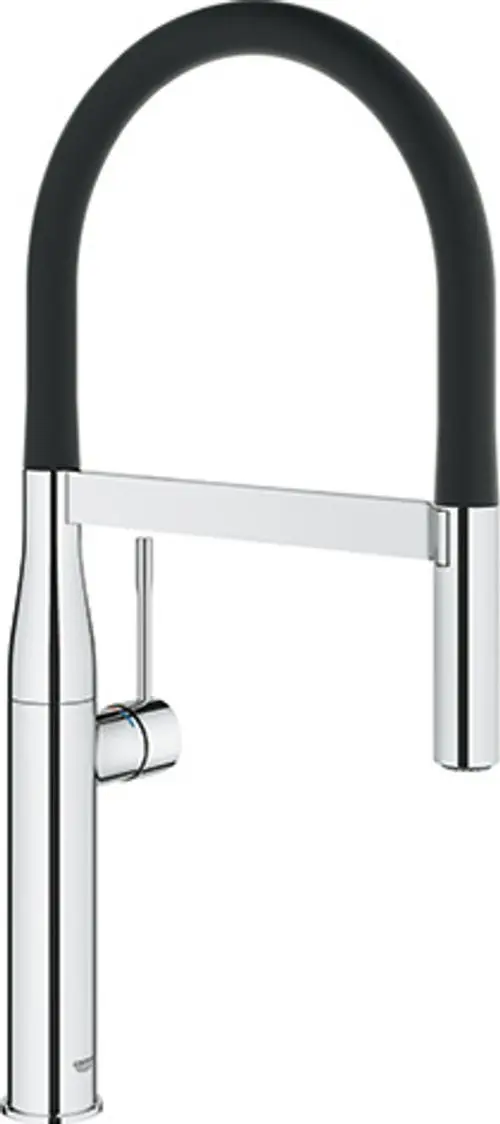 GROHE Küchenarmatur mit ausziehbarem Schlauch und runder Sprühdüse. Körper in verchromtem Finish, Bedienhebel an der Seite.