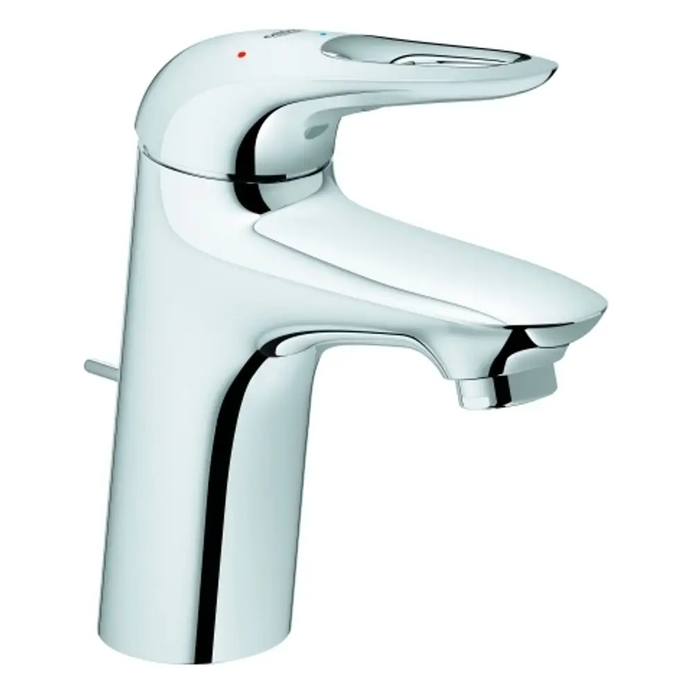Chromfarbener Wasserhahn von Grohe mit einem modernen Design und einem Hebel zur Steuerung von Warm- und Kaltwasser.