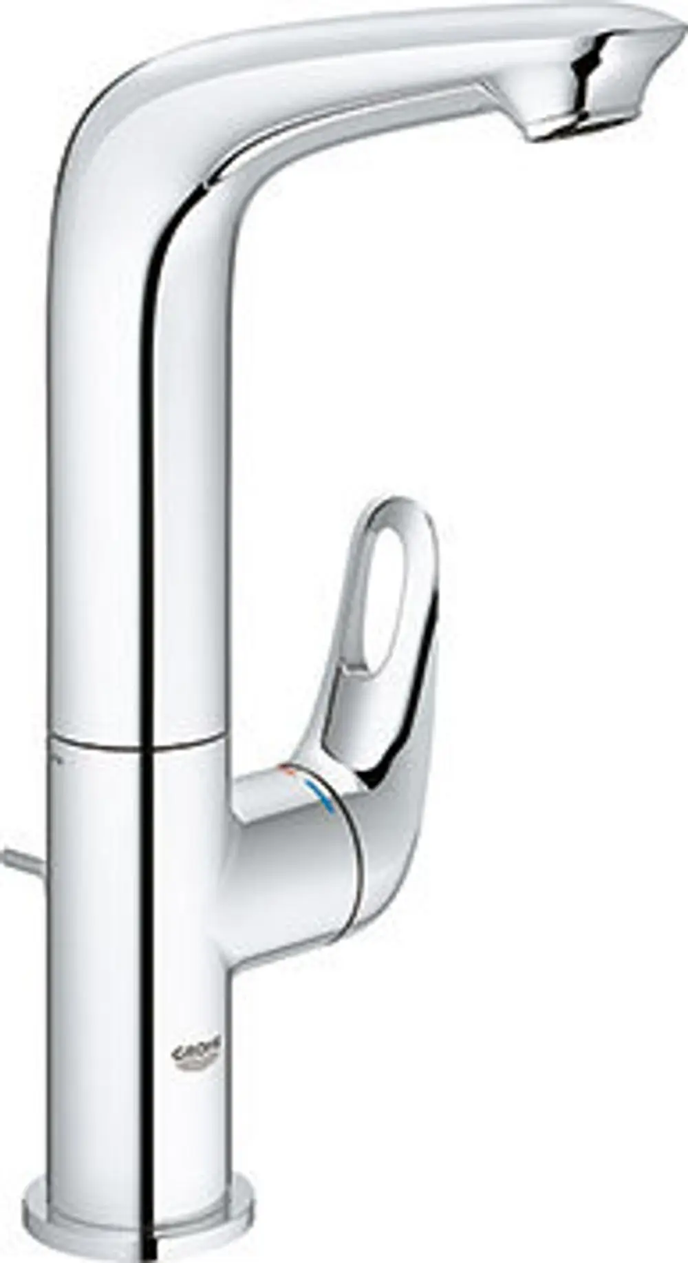 Aromen der Grohe Eurostyle Waschbeckenarmatur in Chrom mit einem hohen, geschwungenen Auslauf und einem seitlichen Hebel zum Regulieren der Wassertemperatur und -menge.