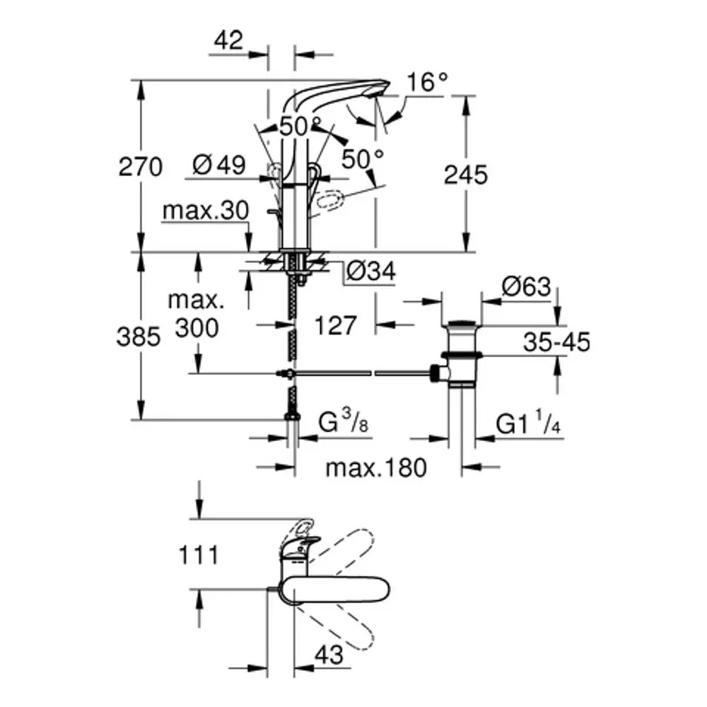 Technische Zeichnung einer Grohe Armatur mit Abmessungen und Montagehinweisen, einschließlich Durchmessern und Anschlussarten für die Installation.