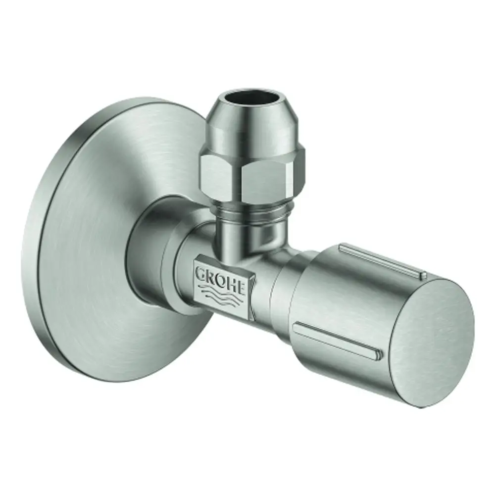 GROHE Eckventil in Metalloptik mit runder Rosette und einem Griff, zur Montage an Rohrleitungen für Wasseranschlüsse.