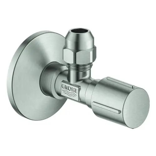 GROHE Eckventil in Metalloptik mit runder Rosette und einem Griff, zur Montage an Rohrleitungen für Wasseranschlüsse.