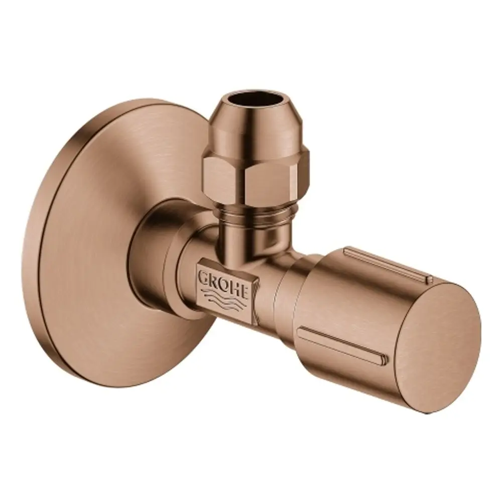 GROHE Eckventil mit Metallgriff, in warmer Messingfarbe, montiert auf einer runden Wandplatte, für Wasseranschlüsse geeignet.