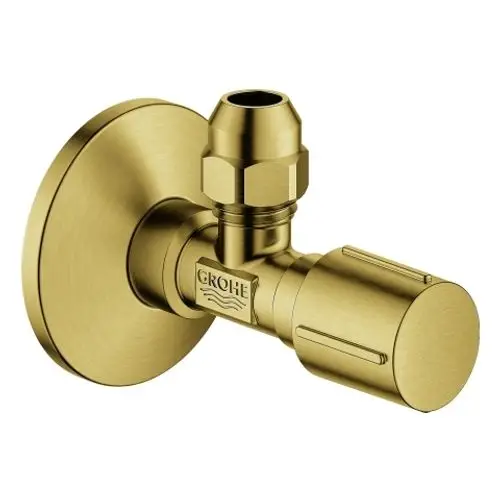 Eckventil von Grohe mit Anschluss für Rohrleitungen und einer runden Rosette. Der Griff hat eine gebürstete Oberfläche in einer goldenen Farbe.