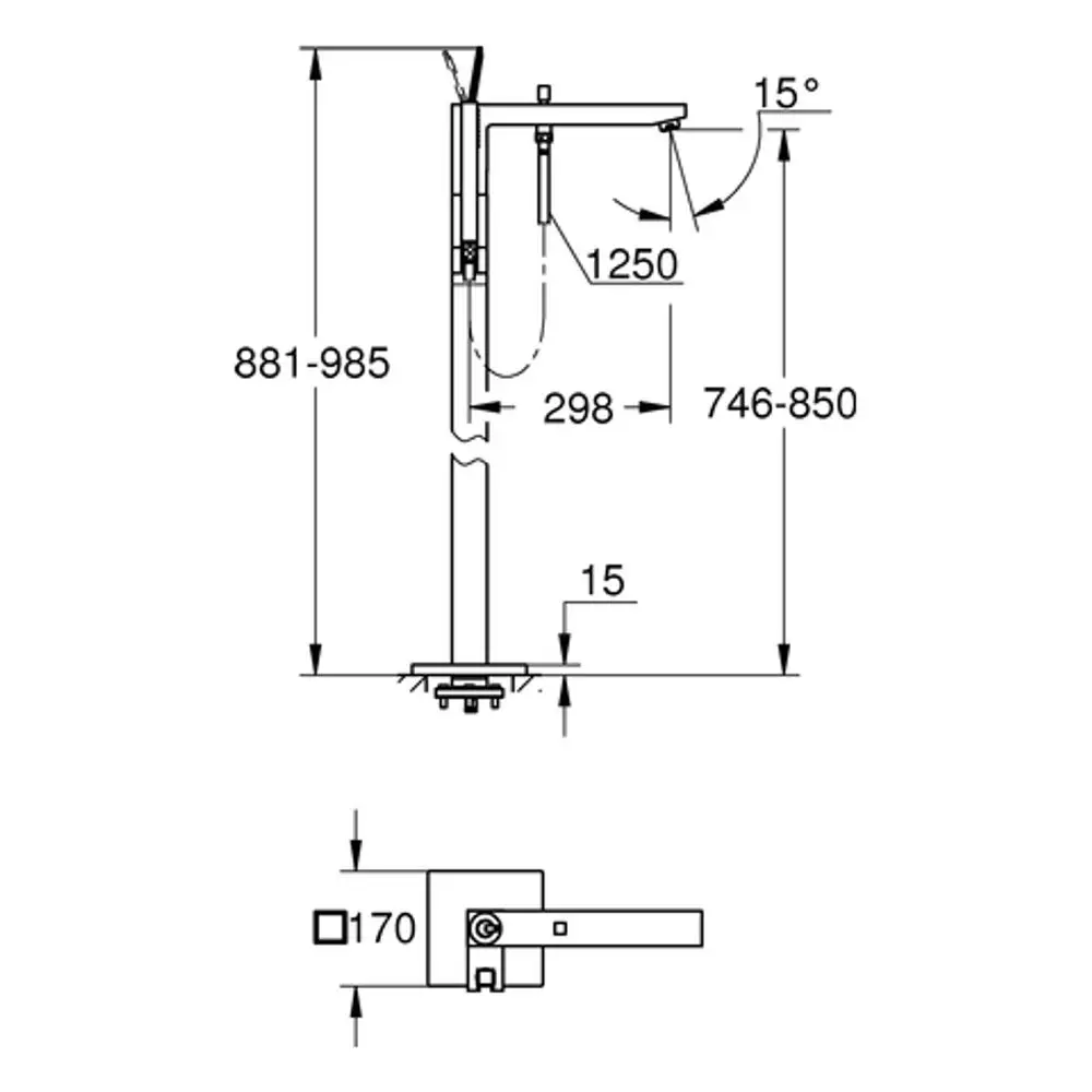 Diagramm einer GROHE Armatur mit Bodenmontage. Abmessungen und Montagepunkte sind skizziert, einschließlich Winkel und Höhenverstellung.