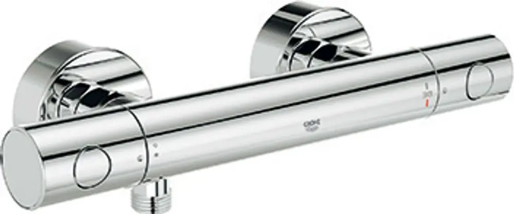 Chromfarbener Wandmontage-Brausebatterie von Grohe mit mehreren Einstellknöpfen zur Temperatur- und Wassermengenregelung.