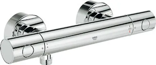 Ein chromfarbener Bad-Thermostat von Grohe mit zwei runden Drehknöpfen zur Temperatur- und Strahlregulation, montiert an zwei runden Wandbefestigungen.