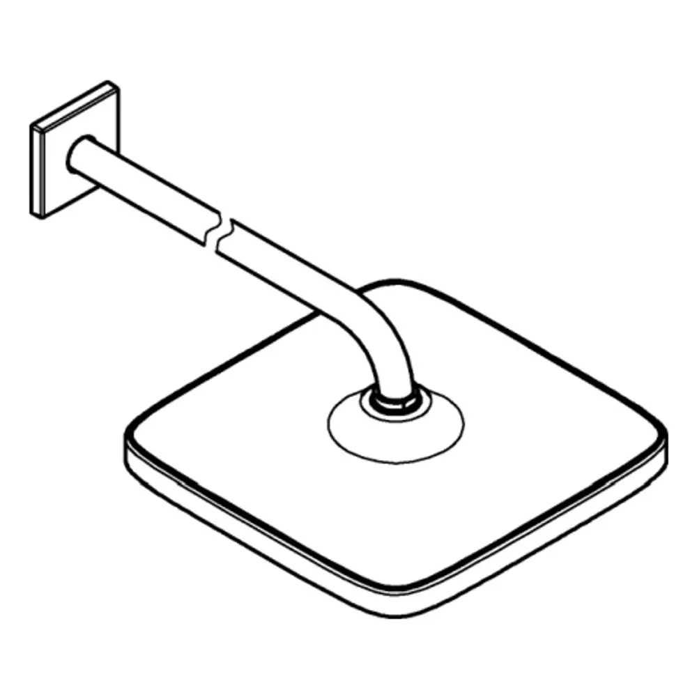 Grohe Duschkopf mit quadratischer Aufsatzfläche und gebogenem Brausearm, der an einer Wandhalterung montiert ist.